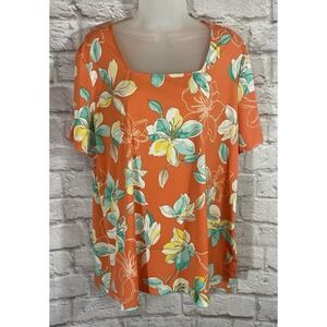 Susan Graver Womens XL Orange Floral Square Neck Shirt Liquid Knit Pullover Top